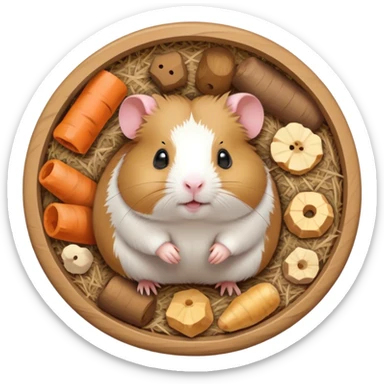 Icon for Hamster and Guinea Pig: A cute, colorful collage with a fluffy hamster running in its wheel, and a chubby guinea pig munching on some hay. Soft, playful background with tiny food pellets and a cozy bedding area. Transparent background. sticker