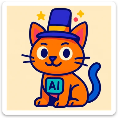 cartoon style AI helper cat with a magic hat on its head, bright colors sticker