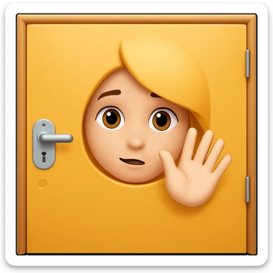 Add a hand waving to the shy face peeking out from behind a door, only face visible from the front, in emoji style. sticker