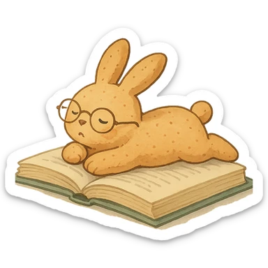 full-body biscuit bunny lying on a book with slipping glasses, soft Ghibli style sticker