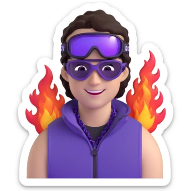 close-up of cool guy male athlete with white skin and moderately curly dark brown hair on top with shaved sides, wearing ski goggles with purple frames and very dark black lenses, winking behind the goggles, with an open mouth confident smile like a cool guy, a simple plain black chain necklace, and a completely unzipped sleeveless vest with purple and black sequin fire pattern design with no logo sticker