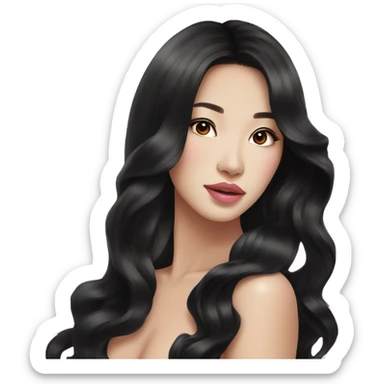 stunning asian woman black long wavy hair, light pink lips sticker