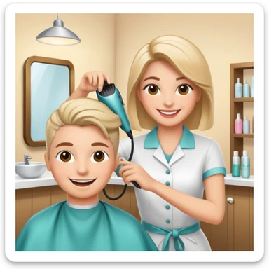 happy woman getting a haircut in a welcoming salon, both client and hairstylist smiling, no threatening elements sticker