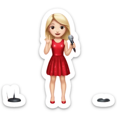 Девушка одета в дорогое платье , стоит на сцене. Рядом микрофон, свет софитов, много камер sticker