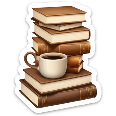 Stack of brown books with a coffee cup on top sticker