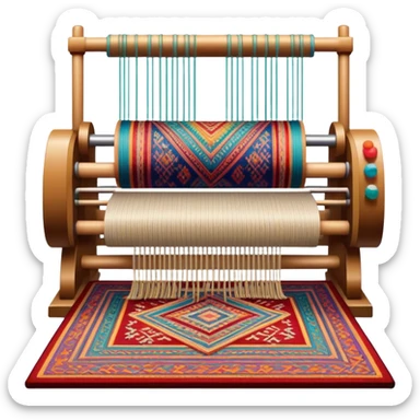 Carpet weaving icon, finished woven carpet with intricate patterns, colorful threads, weaving loom in background, minimalistic style, clean lines, transparent background. sticker