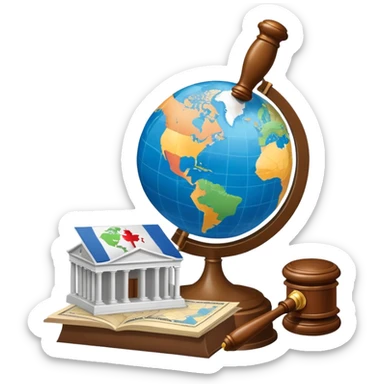 An icon featuring a globe with a gavel and a political map, symbolizing political science. The design includes a ballot box and a podium, representing democracy and governance. Transparent background highlights the study of political systems and global relations. sticker