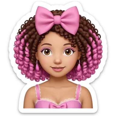 medium-light kinned afro-latina girl with medium length chocolate brown side part curly hair, brown eyes, pink sweetheart necklined top with lace, round wide-ish nose, chubby long shaped face, pink hair bow sticker
