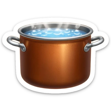 brown small metal pot filled with boiling water on a stove, visible hot steam and rising bubbles, realistic heat effect, shiny pot surface, bright lighting, clean white background sticker