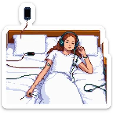 girl lying on bed comfortably listening to music with wired earphones sticker