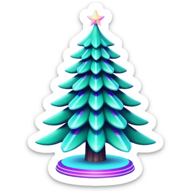 Futuristic glowing Christmas tree emoji with neon decorations, purple and cyan holographic glow, dark background, festive sparkles, no face. sticker