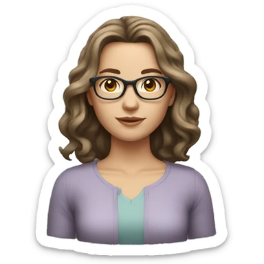 caucasian girl with brown wavy shoulder length hair, grey eyes glasses sticker