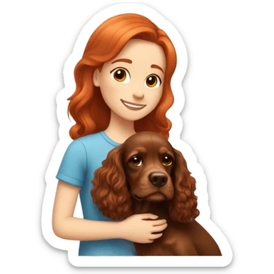A very cute girl with red hair cuddling a happy brown English Cocker Spaniel. sticker