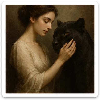 a graceful woman gently touching a panther, soft lighting, detailed, artistic sticker
