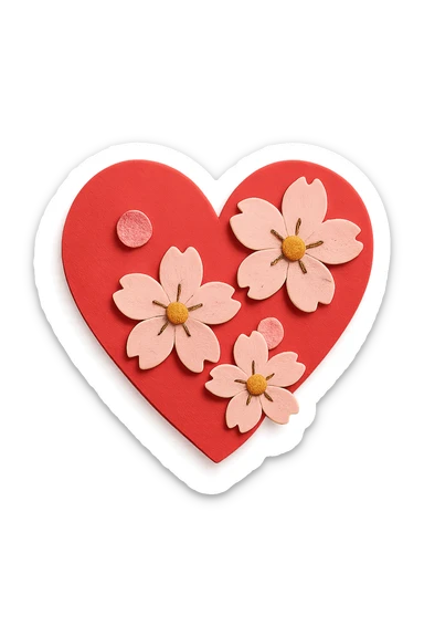 heart with sakura flowers and pink shimmer, paper craft style sticker