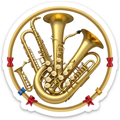 Create a complex, festive, and professional emblem-like emoji representing wind instruments. The design should resemble a heraldic crest, featuring iconic brass and woodwind instruments such as a trumpet, saxophone, clarinet, flute, trombone, and tuba, symmetrically arranged in a balanced composition. A flowing ribbon of musical notes should elegantly weave around the instruments, intertwining with their curves, bells, and mouthpieces, creating a dynamic and harmonious effect. The instruments should have rich metallic tones—gold for brass and silver for woodwinds—with polished highlights and intricate details on the keys and valves. Decorative elements such as elegant scrollwork, laurels, or subtle engravings should enhance the grandeur of the design, making it look celebratory and prestigious. The overall composition should be visually complete, refined, and suitable as a standalone emblem. The background should be transparent. sticker