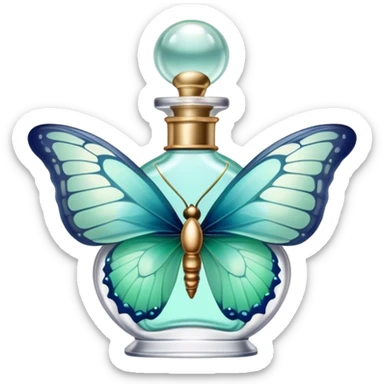 A delicate butterfly with pastel green and blue wings resting on a vintage glass perfume bottle with golden details. sticker