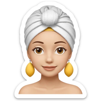 3D emoji style woman with towel head wrap, under-eye patches, smiling softly, clean girl skincare aesthetic, soft studio lighting, smooth skin texture, minimalist beige background, high resolution, PNG sticker