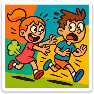 girl farting while chasing a boy, cartoon style, exaggerated expressions, vibrant toon style, colorful, playful, energetic sticker