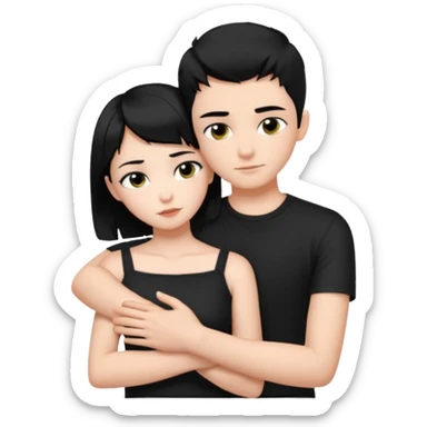 A girl with black hair length at collarbone and black pupils wearing a black short top with black hair shaved on both sides and only the top has hair hairstyle and a boy wearing a white short-sleeved shirt hugging each other sticker
