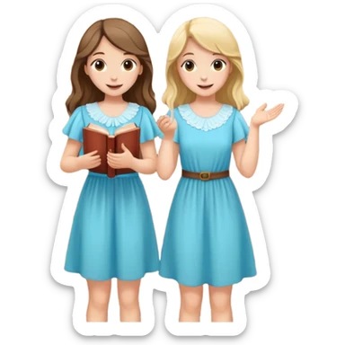 Two girls knocking on a door with a book on their hand happy and nice flowy dresses sticker