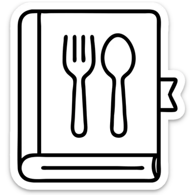 Closed cookbook with a fork and spoon symbol on the cover – collection of recipes sticker