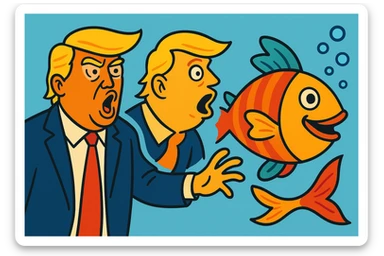 Donald Trump transforming into a fish, playful and cartoonish style sticker