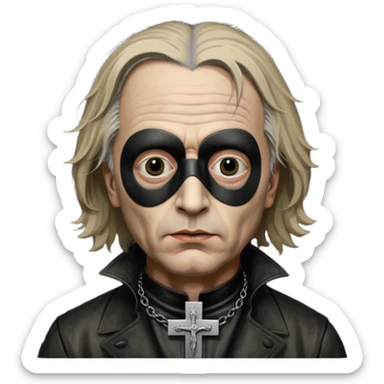 cinematic ultra HD portrait of Joel-Peter Witkin,  he wears a small black mask, a small crucifix is ​​sewn onto the black mask between the eyes of the portrait, he wears a worn leather coat and very disheveled hair sticker