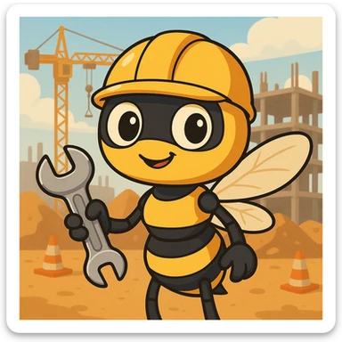 worker drone, cartoon style, friendly eyes, holding a wrench, construction site background sticker