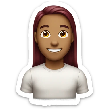A boy with burgundy hair. His hair is long and straight. He doesn't wear glasses and is smiling.
 sticker