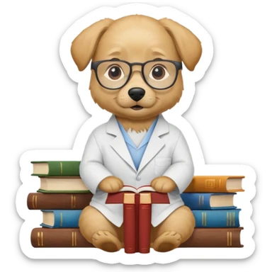 Wise dog with glasses, wearing a lab coat, perched on a stack of books. sticker