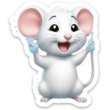 Cute white mouse scrubbing himself in a bubbly shower sticker