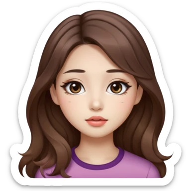“korean straight brown hair Emoji girl, soft eyeliner and blush, gradient lips, light brown shimmer eyeshadow, long wavy hair,  sticker