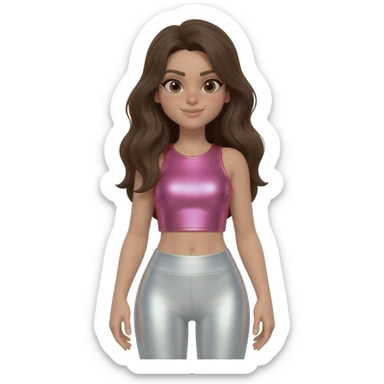 Azzyland with light skin, long dark brown hair, pink metallic crop top, white metallic leggings sticker