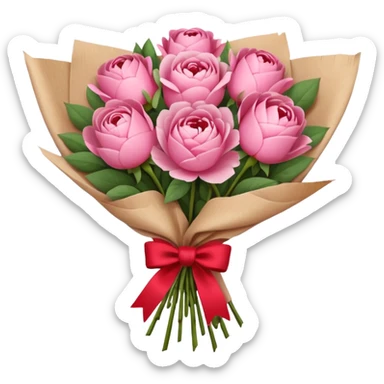 Bouquet of pink flower like rose and peony wrapped in kraft paper with red bow sticker