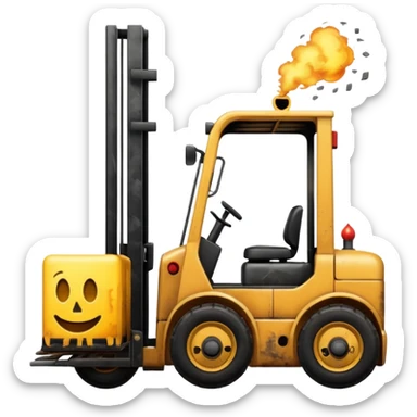 ugly, broken forklift after the explosion with emoji of blowing sticker