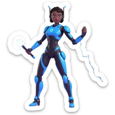 emoji style: slender, glossy black female robot, confident pose, small ear pieces, holding a realistic blue lightning whip, pink hex pattern on thighs and biceps, no grainy or aged look sticker