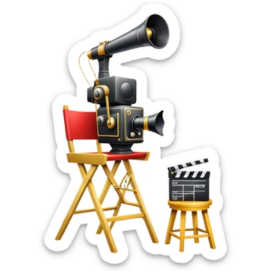 Icon for Directing: a director's chair, a large film camera, a megaphone, a stage set with lights and an Oscar statuette. The icon should represent the creative and leadership aspects of directing, with focus on film and theater production. Transparent background. sticker
