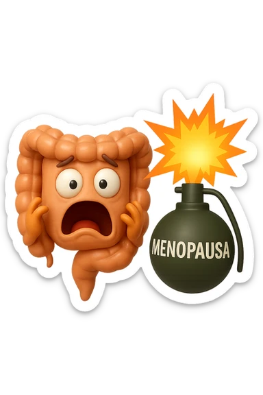 EMOJI STILE IPHONE 3D DI INTESTINO 3D CON ESPRESSIONE SPAVENTATA IN VOLTO MENTRE ACCANTO A LUI SCOPPIA UNA GRANATA 3D CON LA SCRITTA "MENOPAUSA" SOPRA, FAGLI ANCHE LA PARTE BIANCA DEGLI OCCHI, NON SOLO LA PUPILLA sticker