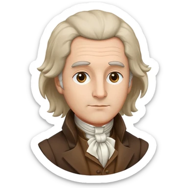 Rousseau with features matching classic portraits: oval face, prominent nose, powdered wig, brown coat, white cravat, soft expression sticker