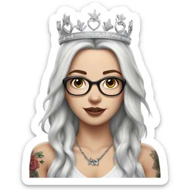 Hyperrealistic beautiful white girl, wearing a crown and glasses with tattoos, with long black hair  sticker
