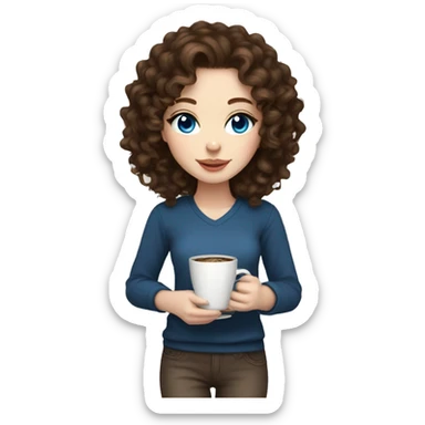 Pretty brunette with curly hair and blue eyes and pale skin with coffee and cat sticker