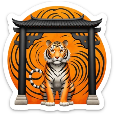 Traditional Chinese ink painting style emoji. A powerful tiger (like the ancient character 虎), standing guard in front of mystical gates (門). Energy swirls around him like a vortex (🌀). Minimalist, transparent background, 512x512 pixels. sticker