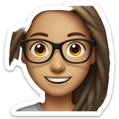 girl with black glasses, brown hair, brown eyes, brown spots on face and wide smile sticker