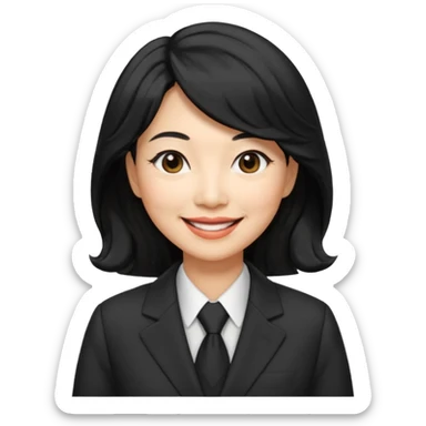60 yr old asian woman, wavy thick black hair, side part, side swept bang, big smile, business suit sticker