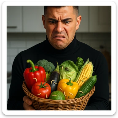 Create a realistic or semi-realistic style image of a 30-year-old man inspired by the reference image, holding a basket of fresh fruits and vegetables. The man has a disgusted expression. The produce shows subtle but visible larvae and insects. The background is a kitchen. Emphasize strong contrast between freshness and contamination, conveying a health warning mood. sticker