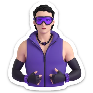 male athlete with white skin and moderately curly black hair on top with shaved sides, wearing ski goggles with purple frames and very dark black lenses, a simple plain black chain necklace, and a completely unzipped sleeveless vest with purple and black sequin fire pattern design with no logo or brand emblem, fully revealing his chest, shoulders and arms, no earrings sticker