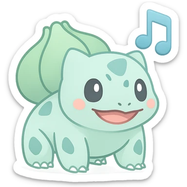 Change Bulbasaur to a pastel blue and mint green color palette, keeping the Rednote emoji style with musical note accent. The style is emoji style with musical note accent as in the original image. sticker
