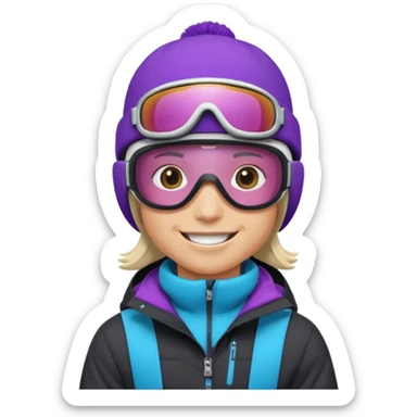 Pro Snowboarder with white and grey beanie, ONE pair of purple and blue frameless goggles on and a black jacket sticker