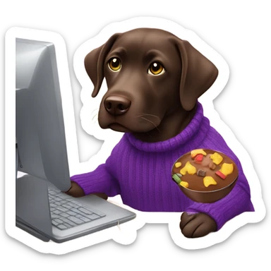 Chocolate lab working on computer with small headset , food on desk, wearing purple sweater  sticker